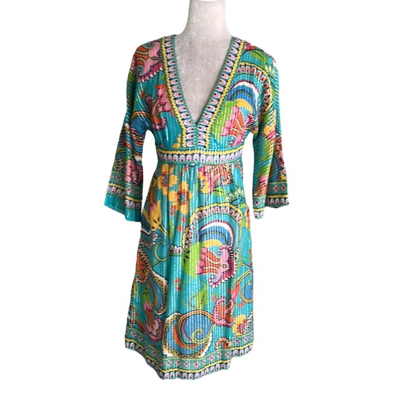 Trina Turk Floral & Metallic Silver Striped 3/4 Bell Sleeve Midi Dress - 4 - Picture 11 of 11